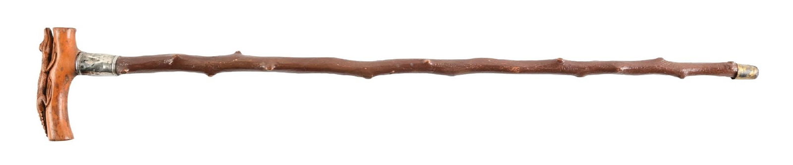 ANTIQUE WOOD WALKING CANE W/ CARVED ALLIGATOR HANDLE AND STERLING SILVER COLLAR (1 of 6)