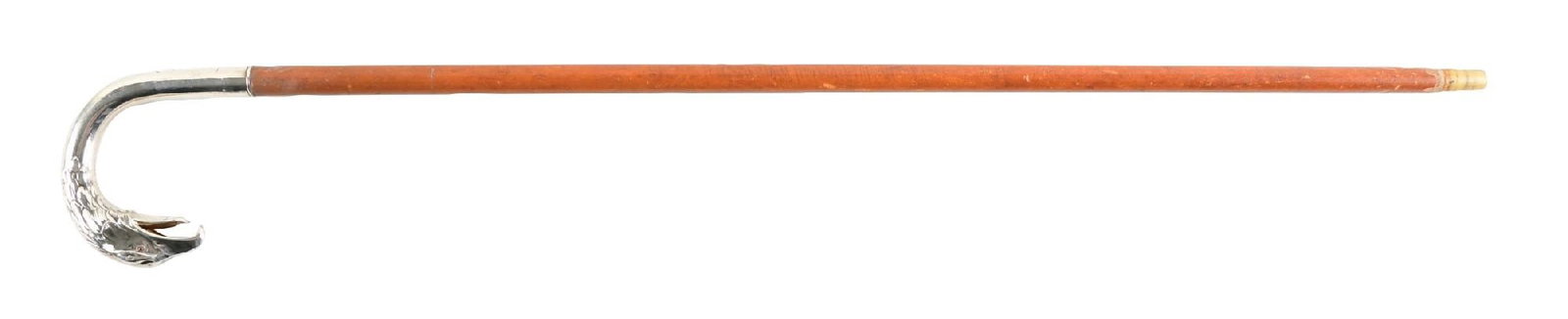 ANTIQUE CARVED HAWK HEAD WALKING CANE WITH WOOD SHAFT: C. 1900–1925. Figural hawk-head walking cane featuring a silver-plated metal crook handle and inset glass eyes. The handle is stamped “30 ACCA” with a shield-form hallmark