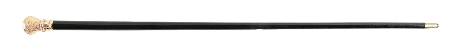 ANTIQUE PRESENTATIONAL WALKING STICK W/ GOLD REPOUSSE KNOB AND EBONY SHAFT: C. 1885–1900. Presentation walking cane featuring an ornate gold-filled repoussé handle with elaborate floral and foliate decoration and beaded borders, mounted to a black hardwood shaft,