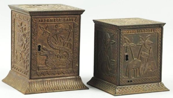 Lot of 2: Cast Iron Safe Still Banks.: Includes the Japanese Safe and the Arabian Safe. Condition (Excellent). Size Largest: 5 - 1/2" T.