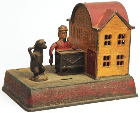 Cast Iron Organ Mechanical Bank.: Manufactured by Kyser & Rex. Dancing bear variation. Working. Bank has a broken stick and is missing fence. Condition (Very Good). Size 5 - 1/4" T.