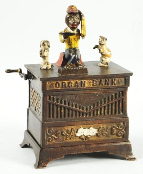 Cast Iron Organ Bank Mechanical Bank.: Manufactured by Kyser & Rex. Dancing cat and dog variation. Working. Condition (Excellent Plus). Size 7 - 3/4" T.