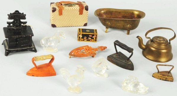 Lot of 13: Vintage Kitchen & Accessory Items.: Includes one small cast iron Gem stove, a few cast iron irons, a few pieces of luggage, and some glass animal figures. Various conditions. Condition (Very Good). Size Largest: 5 - 3/4" L.