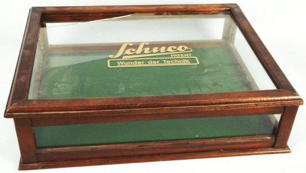 Lot of 3: Vintage Display Cases.: Includes one with "Schuco" lettering and one with a piece of broken glass. Condition (Very Good). Size Largest: 25" L.