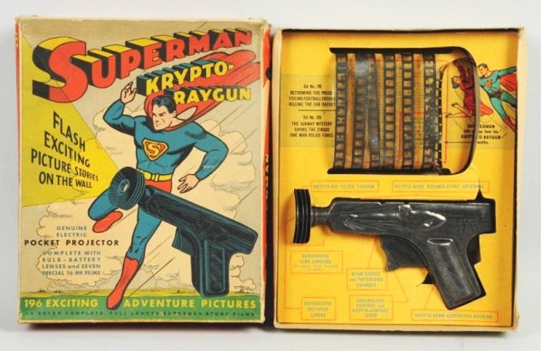 Daisy Superman Krypto-Raygun.: Includes colorful original box that is complete with just some creasing toward corner and top. Box marked "No. 94". Insert is intact and comes with gun and film strips (seven remaining). Some overall