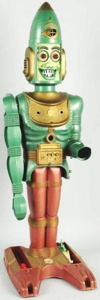 Plastic Marx Great Garloo Spaceman Toy.: American. Marked "Marx Toys" on front of chest. Large and very popular iconic toy. Toy comes with its very hard-to-find missile, two balls, and one dart. Also comes with a laser-copied instruction she