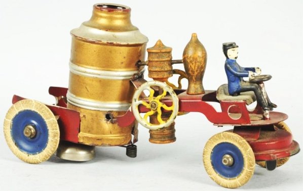 Pressed Steel Kingsbury Wind-Up Fire Pumper Toy.: American. White rubber tires marked "Kingsbury" and original cast iron driver. Toy is a combination of early tin and wood. Some scratching and wear overall and tires are distressed. Condition (Very Go