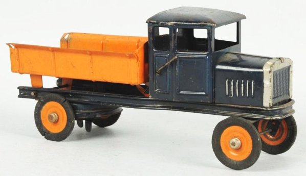 Pressed Steel Kingsbury Wind-Up Dump Truck Toy.: American. Working. Black rubber tires marked "Kingsbury Toys" have some cracking and wear. No decals. Some scratching throughout, mostly on top of roof cab. Condition (Very Good). Size 10 - 1/2" L.