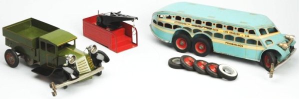 Lot of 2: Pressed Steel Electricar Vehicles.: Made by Kokomo. Includes scarce pullman bus and dump truck with spare wheels and extra back bed to make it into a tow truck. Bus has some scratching and paint loss throughout and dump truck has very l
