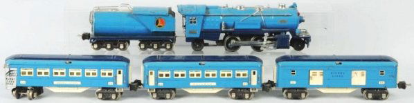 Lionel O-Gauge Baby Blue Comet Train Set.: Pre-war. Includes no. 263E engine with matching tender and three 600 series latch roof passenger cars, all with nickel trim. Engine frame has possibly been replaced and top of tender has some scratchi