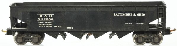 Lionel O-Gauge No. 2956 B&O Scale Hopper Car.: Pre-war. All original bottom levers with just minor to moderate overall wear. Condition (Very Good - Excellent).