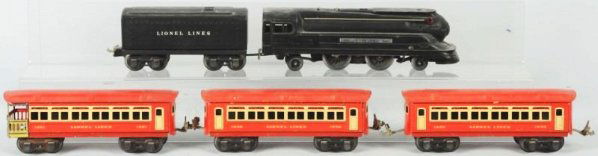 Lionel O27-Gauge Passenger Train Set.: Pre-war. Includes no. 1688 bullet nose style engine with matching no. 1689T Lionel Lines tender, and three Lionel Lines passenger cars in red. Some minor scratching and wear to cars. Condition (Very G
