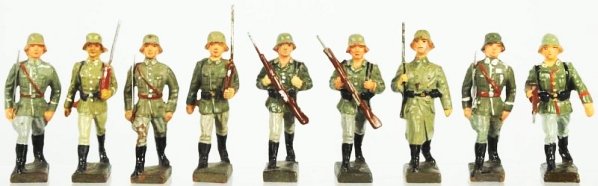 Lineol 7cm German Army Marching Group.: Includes nine pre-war marchers in various poses. Some embellishment noted. Condition (Good - Very Good).