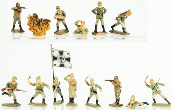 Lot of 13: Lineol 7cm German Army Assortment.: Small 4cm soldiers and a bomb burst. Condition (Very Good - Excellent).