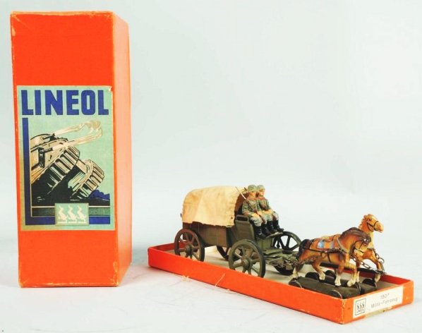 Lineol 6.5cm Horse-Drawn Military Wagon & Box.: Tinplate wagon with composition horses. A little dirty but box is still in nice original condition. Missing tailgate. Condition (Excellent). Size 9 - 1/4" L.