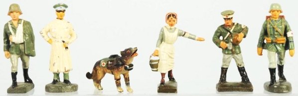 German Army Doctor, Nurse, & Medical Dog.: Lineol and Elastolin lot of six medical figures. Condition (Good - Very Good).