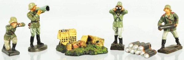 German Artillery Soldiers & Shell Accessories.: Composition. Soldiers include two Lineol, one Elastolin, and one from an unknown maker along with two battlefield accessories. Condition (Good - Very Good).
