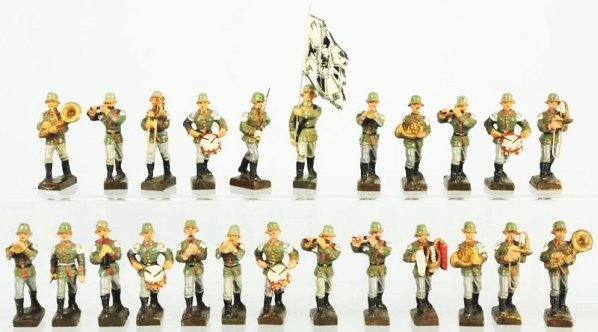 Lot of 24: Lineol 6.5cm German Army Marching Band: Mostly 6.5cm German Army marching musicians. Condition (Very Good).
