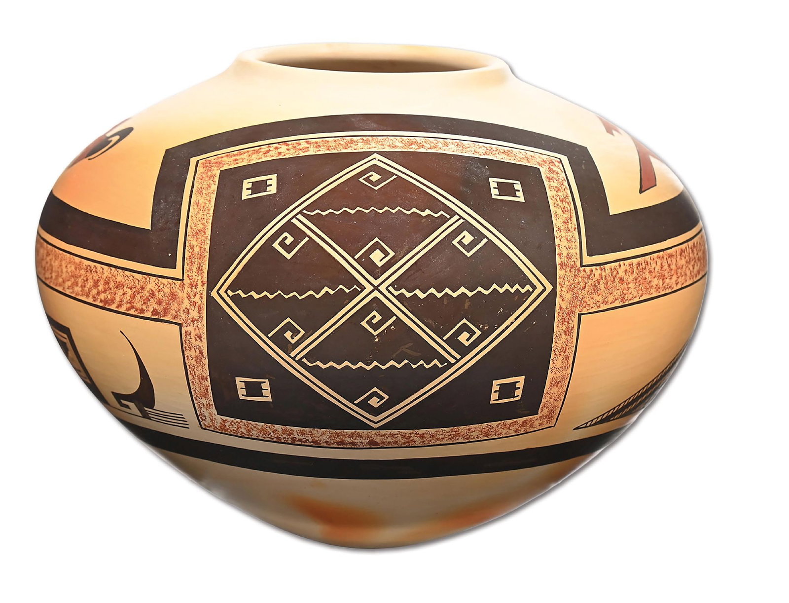 HOPI POTTERY OLLA BY MADELINE SAHNEYAH: Signed with paint on bottom "M Sahneyah". With repeating fine and bold painting around the body of the pot. Condition: Excellent condition, no chips or cracks. Provenance Estate of a Lake Tahoe collec