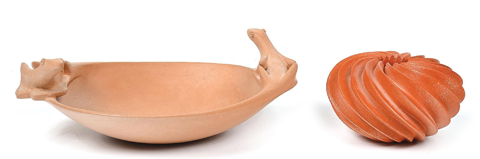 LOT OF 2: MICACEOUS CLAY POTS: (A) Pottery Bowl by Christine McHorse, incised on base. with lizard forming a handle on each side. (B) Incised with "Hubert Candelario San Felipe 1994". Provenance Estate of a Lake Tahoe collector, Dr