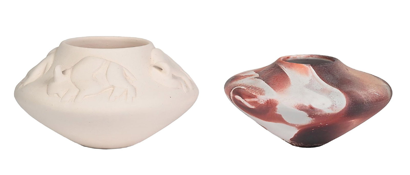 LOT OF 2: KICKAPOO POTTERY SEED JARS BY PAPOHNEE: (A) Signed near base "Papohnee", with her mark and "© 2004". (B) With four buffalo enhancing the shoulder. Incised "Papohnee" with her mark, "© 2000". Provenance Estate of a Lake Tahoe