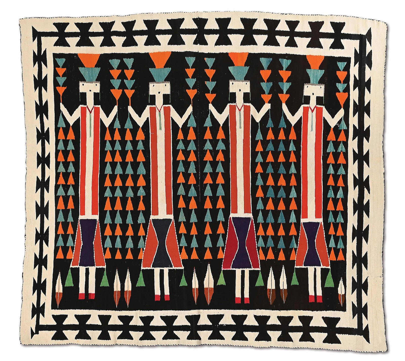 NAVAJO (DINÉ) YEI WEAVING: C. 1940s. With four large Yei figures on a black background encased with a wide Teec Nos Pos border. Dimensions: 77" x 71". Colors: Black, White, Red, Turquoise, Orange, Dark Blue, Green, Brown. Good