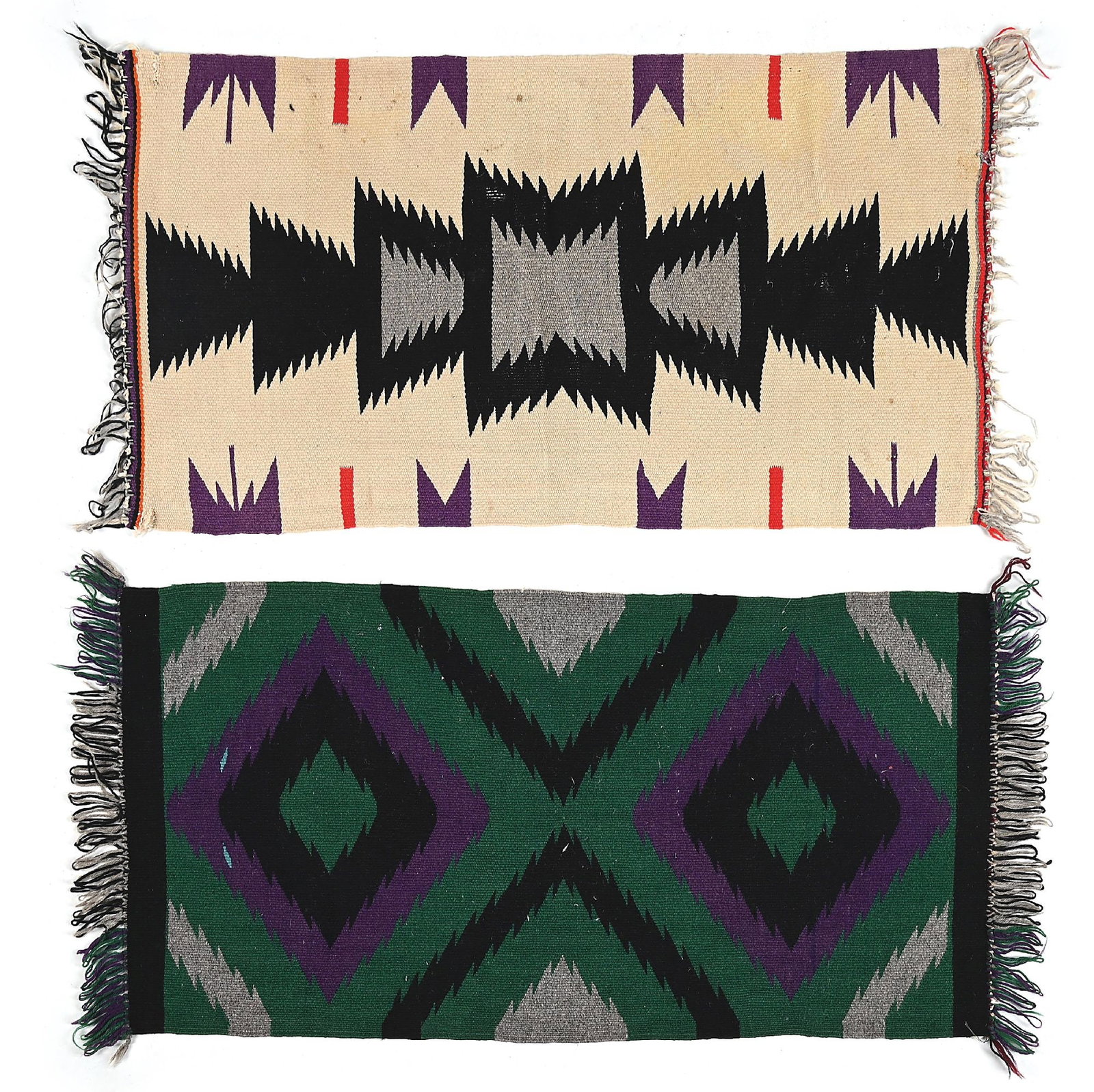 LOT OF 2: NAVAJO (DINÉ) GERMANTOWN DOUBLE SQUARES: (A) Each with fringe, two serrated diamonds. 37" x 19". Colors: green, black, purple, grey. Condition: Good (B) With a central serrated design. 36" x 18-3/4". Colors: cream, grey, black, purple, red C