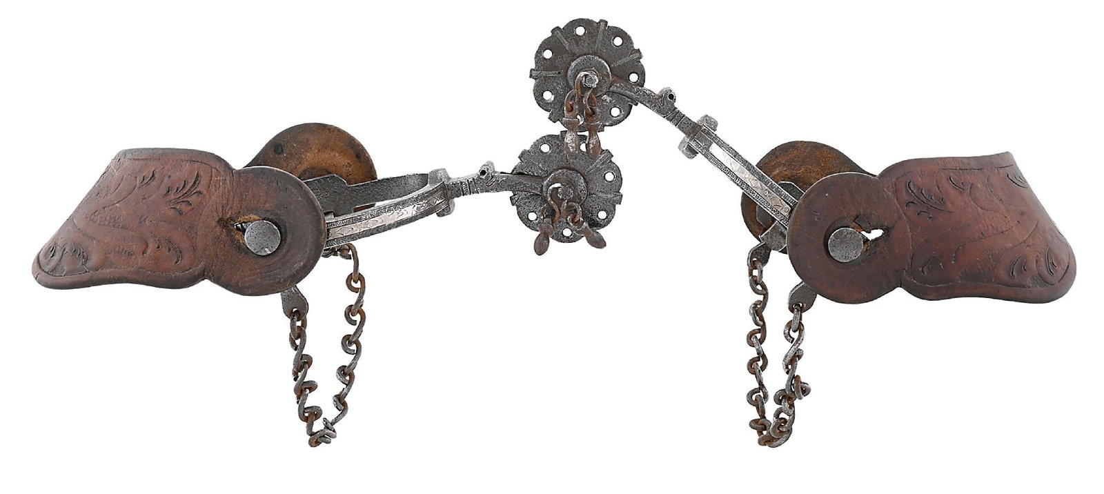 ENGRAVED MEXICAN SPURS WITH LEATHER STRAPS AND ROUND ROWELS (1 of 4)