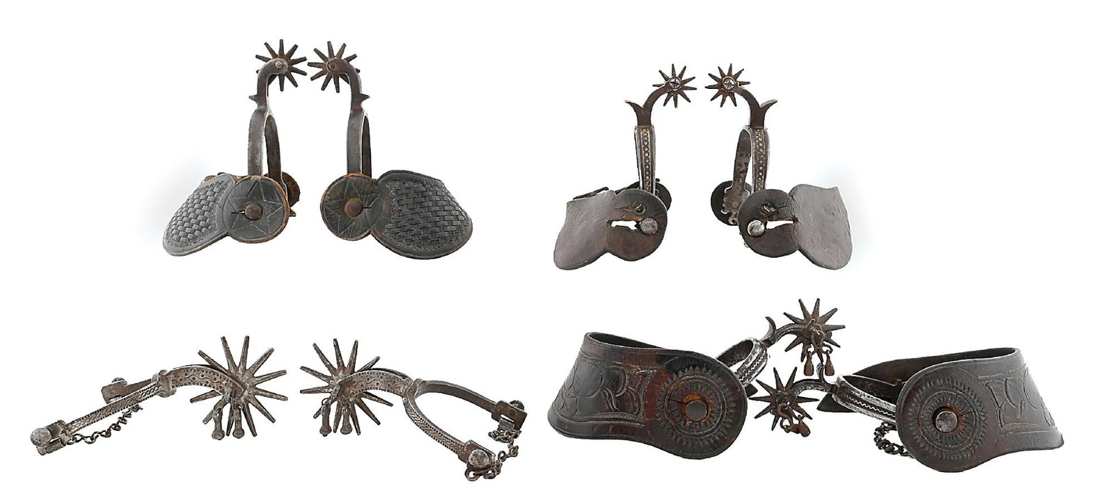 LOT OF 4: BUERMANN SPURS: (A) 19th century August Buermann California style spurs with Spanish colonial influence and oversized rowels. Stamped patterns on bands and shanks. Original jingle bobs and heel chains. These exact