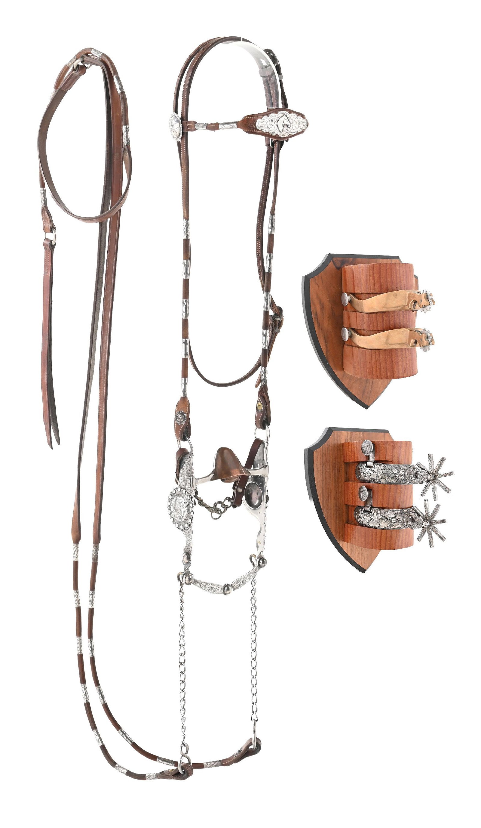 LOT OF 3: SPURS & BRIDLE SET: Lot consists of: (A) Vintage Santa Barbara cheek bit with full sterling overlay. Marked "FLEMING" to inside cheek. Includes barrel ferrule full bridle and reins with sterling hardware. (B) Double moun