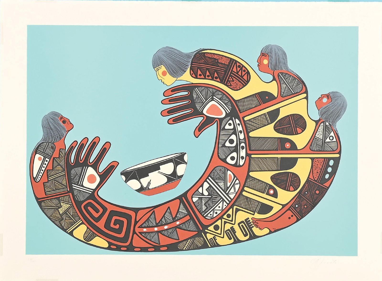 CHARLES FREDERIC LOVATO (SANTO DOMINGO PUEBLO, 1937-1987): Hands of Man limited edition lithograph on arches paper sheet: 30 x 22 in. framed: 37-3/8 x 29-3/4 in. signed in pencil lower right "CF Lovato" and numbered lower left 24/100 Dimensions: Frame: 37 -