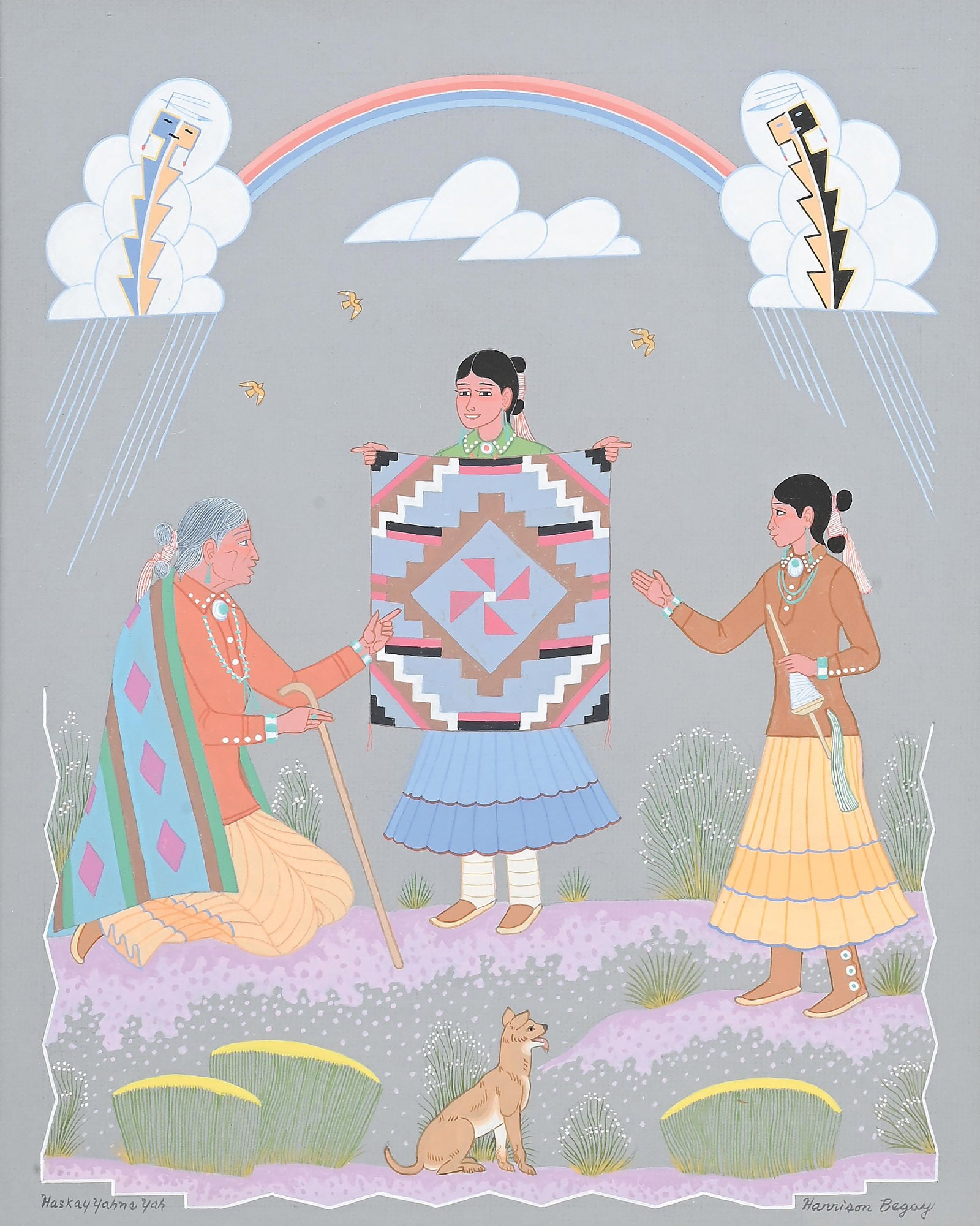 HARRISON BEGAY (NAVAJO/DINÉ: HASKAY YAHNE YAH, 1914-2012): Untitled gouache on paper sight: 14 x 17-1/2 in. framed: 21 x 25 in. signed lower right "Harrison Begay", lower left "Haskay Yahne Yah" (artist's Navajo name) Depicting generational weavers. Dimension