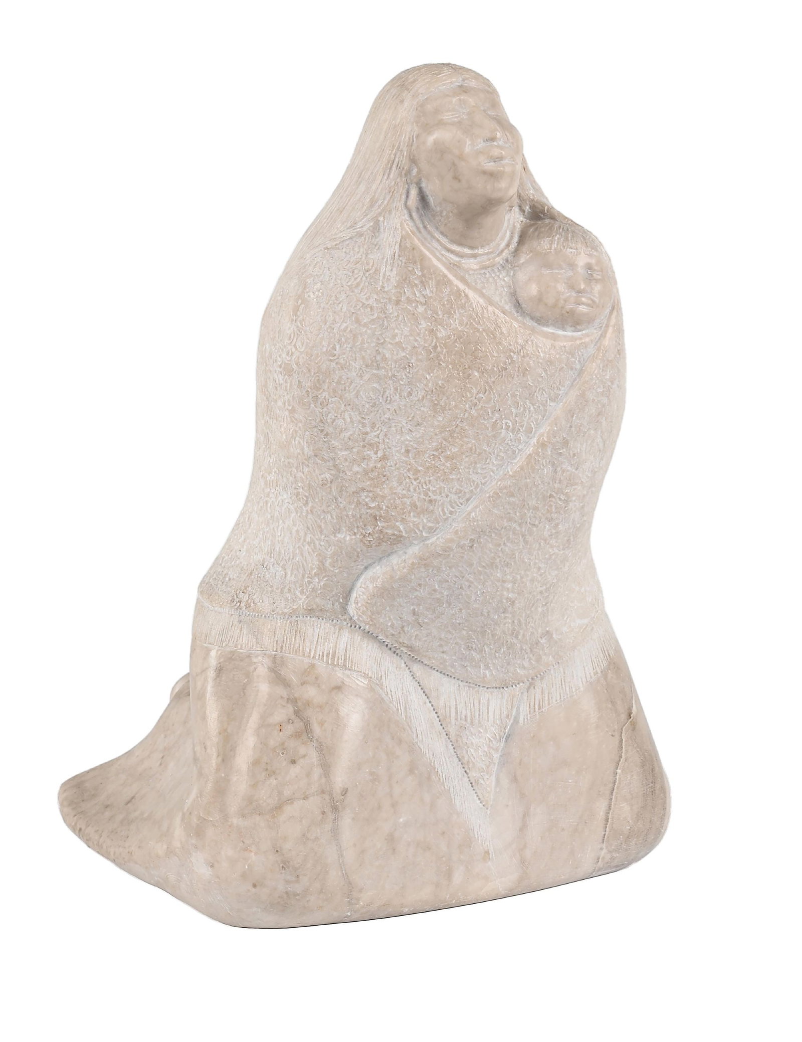 ALLAN HOUSER (CHIRICAHAU APACHE, 1914-1994) MOTHER & CHILD ALABASTER SCULPTURE: Kneeling mother and child. Signed on the side. 9-3/4" W x 9-1/2" L x 15-3/4" H Provenance Hal Starkey, Austin, Texas California Collection Dimensions: 9 - 3/4" x 9 - 1/2" x 15 - 3/4".