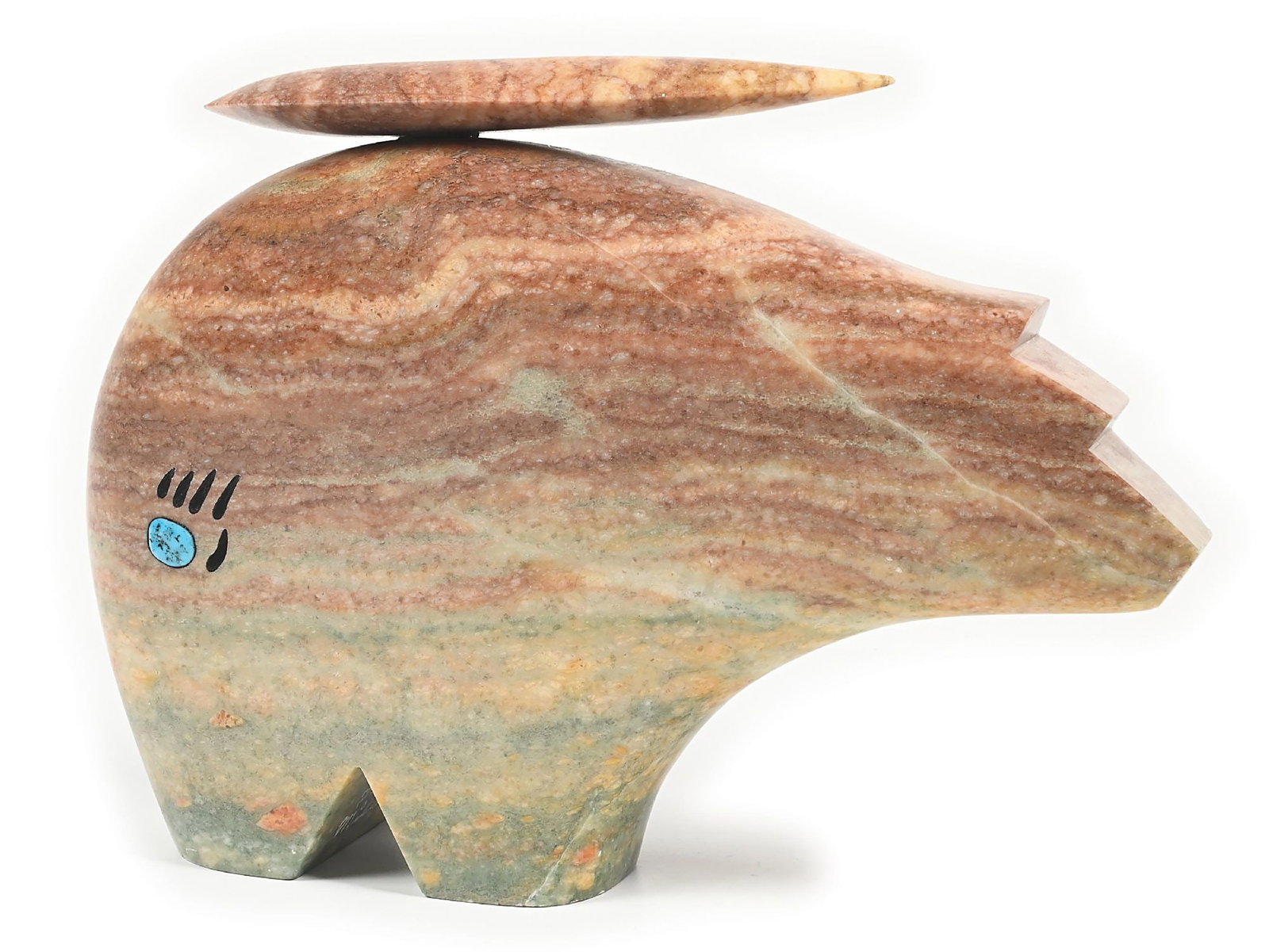 LARGE ZUNI FETISH BY TED MILLER: Incised on the inside of legs "Ted Miller". A bear with spearpoint attached to the top, carved from alabaster with an inset piece of turquoise in a bear paw design. Provenance Estate of a Lake Tahoe c