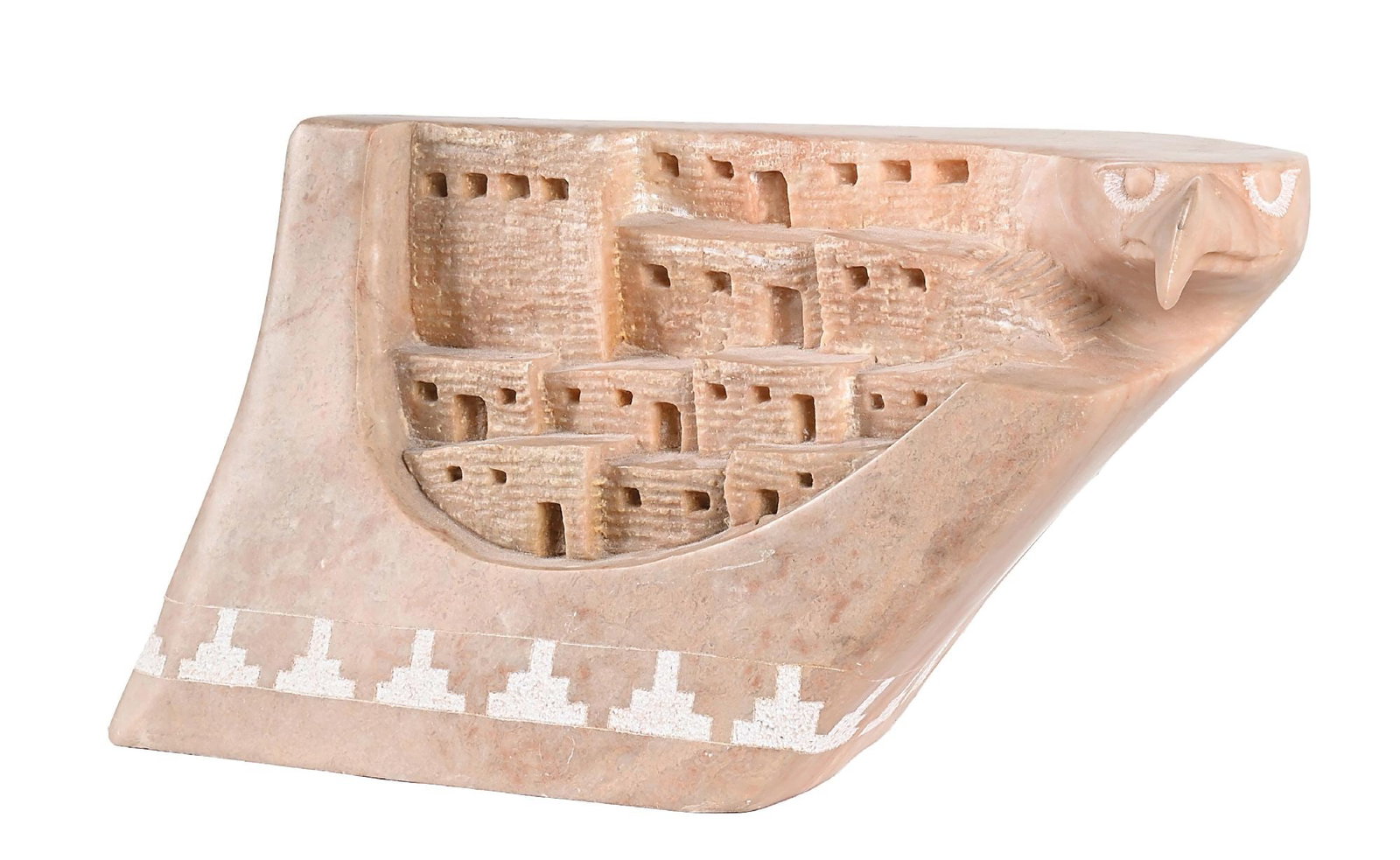 ZUNI ALABASTER BY ELLISON VAN PAQUIN: Inscribed "Van Paquin 83 Zuni". Of an eagle with its wing being comprised of ancestral Pueblo buildings. Provenance Estate of a Lake Tahoe collector, Dr. Margaret McKee This is not a standard shippabl