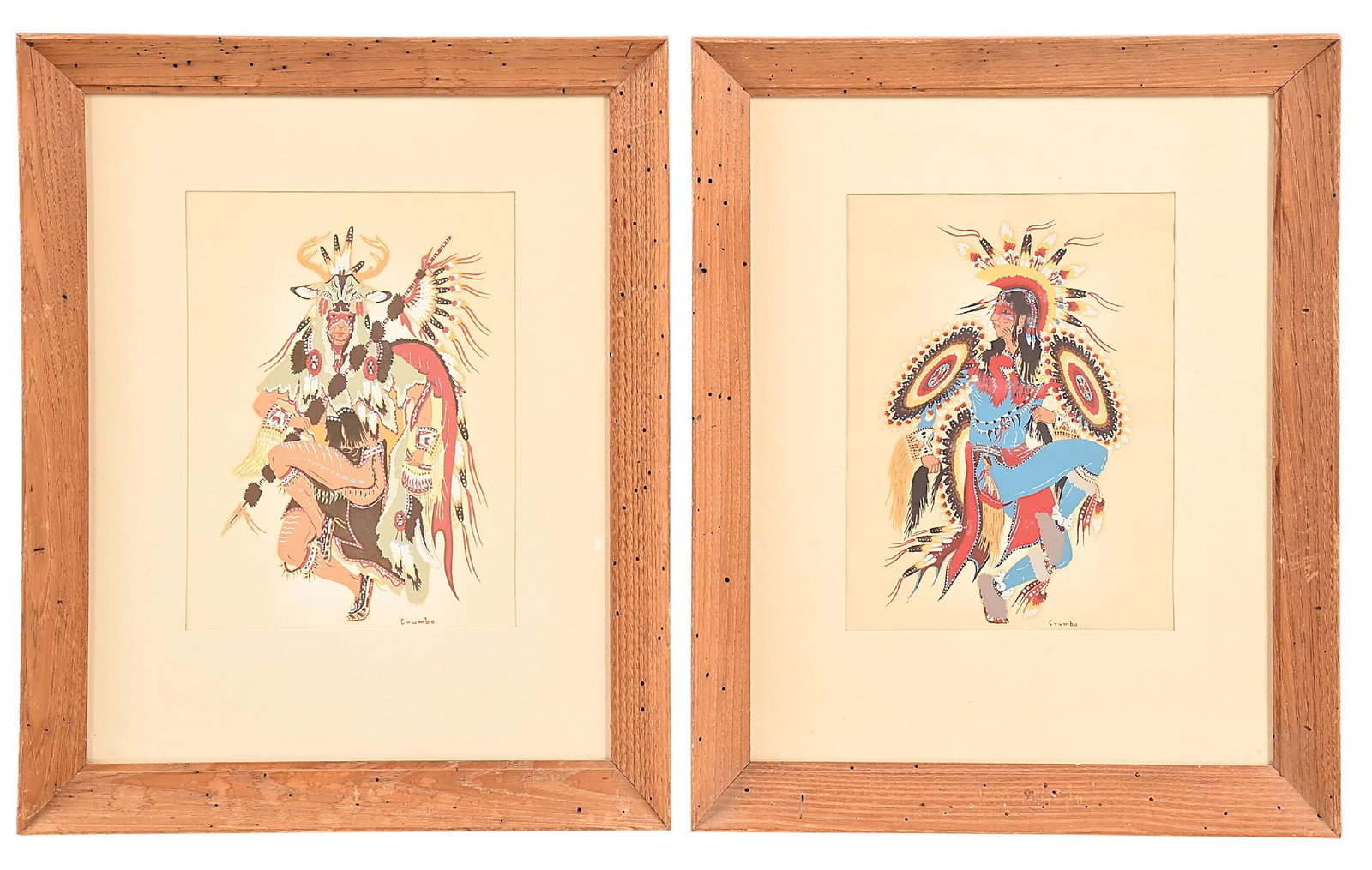 LOT OF 2: FANCY DANCER SERIGRAPHS ON PAPER BY WOODY CRUMBO (POTAWATOMI, 1912-1989): (A) The Hummingbird Dance silkscreen on paper sight: 8-1/2 x 11-1/2 in. framed: 16-3/4 x 20-3/4 in. signed "Crumbo" in the serigraph lower right (B) The Deer Dance silkscreen on paper sight: 8-1/2 x 1