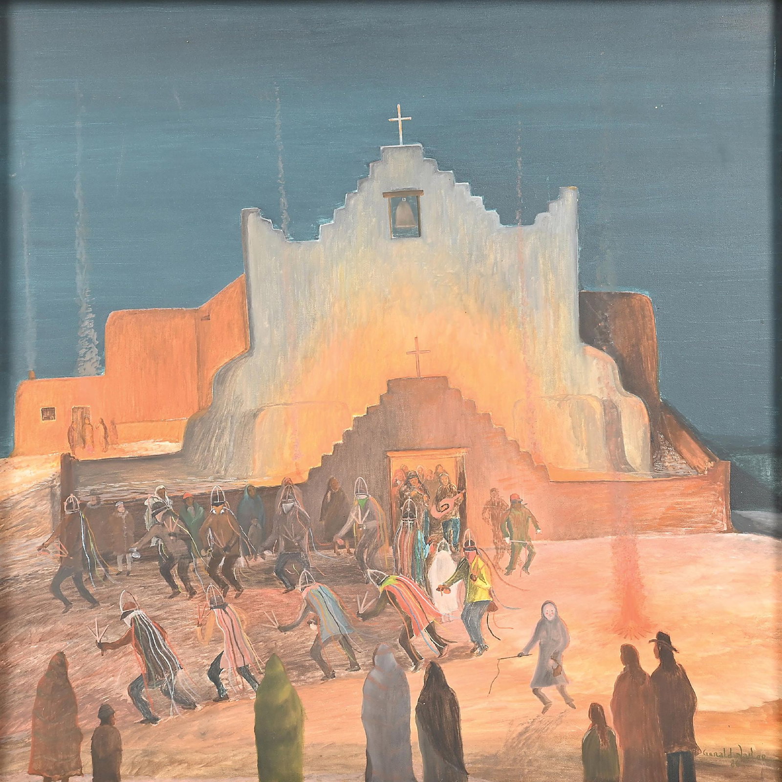 GERALD NAILOR JR. (NAVAJO/DINÉ, 1942-2022): oil on canvas sight: 29-1/2 x 29 3/4 in. framed: 34-1/4 x 34-1/4 in. signed lower-right "Gerald Nailor" and dated "86" A night scene depicting the matachin dance in front of a pueblo church. Dimension