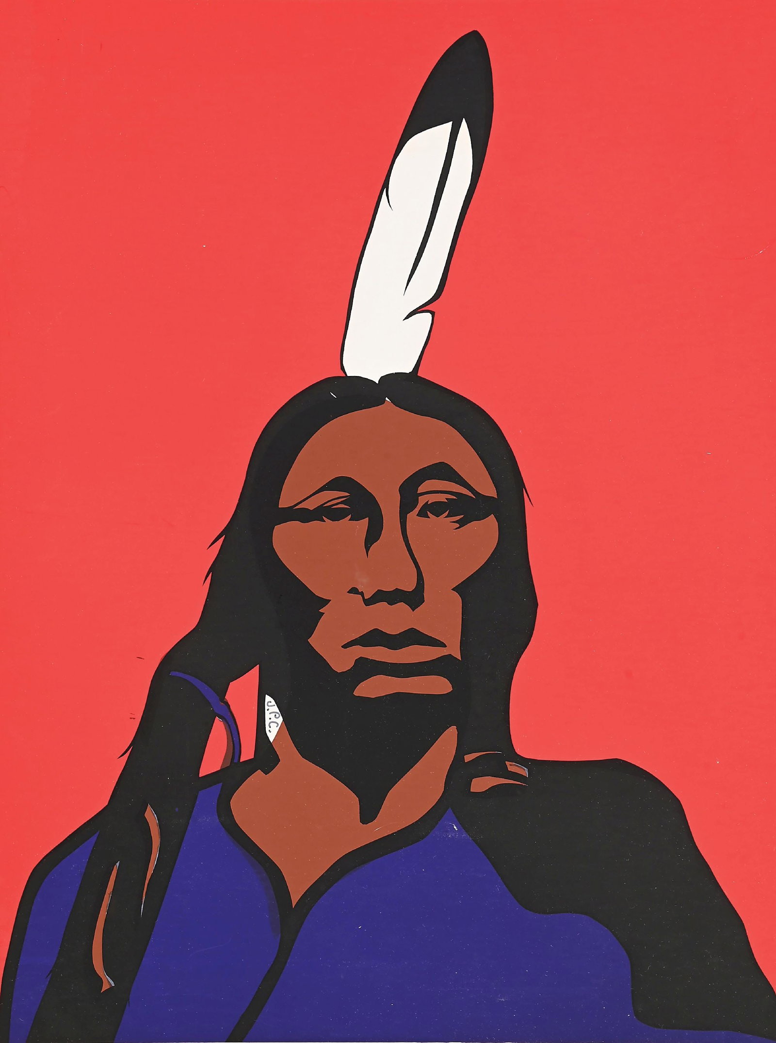 JOHN CUTNOSE (SIOUX/OGLAOA, 1947-2022): untitled serigraph on paper sight: 18 x 24 in. framed: 27-1/2 x 33-1/2 in. An Oglaoa portrait of a man with a single eagle feather extending from his head. Dimensions: Frame: 33 - 1/2" x 27 - 1/2" x 3