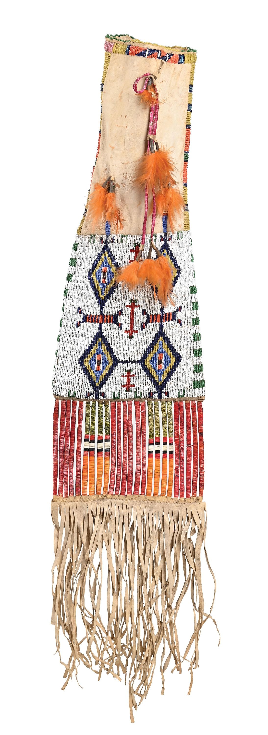 SIOUX (LAKOTA) PIPE BAG: Beaded field of stepped diamonds and geometric patterns on one side, reverse side with a central four-directional image, flanked by cross designs. A panel of quillwork follows the beaded panel and