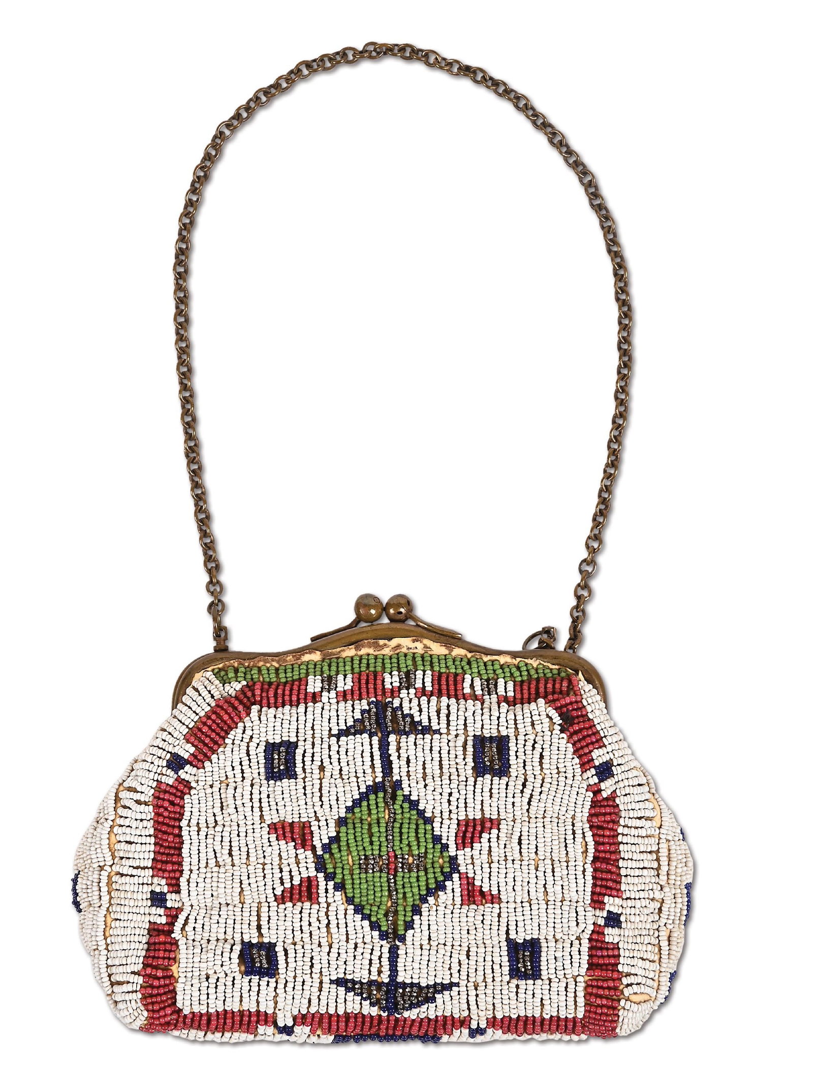 SIOUX (LAKOTA) HANDBAG: Fully beaded over an eastern metal framed and latched structure. The beaded panels of geometric pattern. Colors: white, green, white-center red, yellow, dark blue Condition: Good Dimensions: 7" x 5".