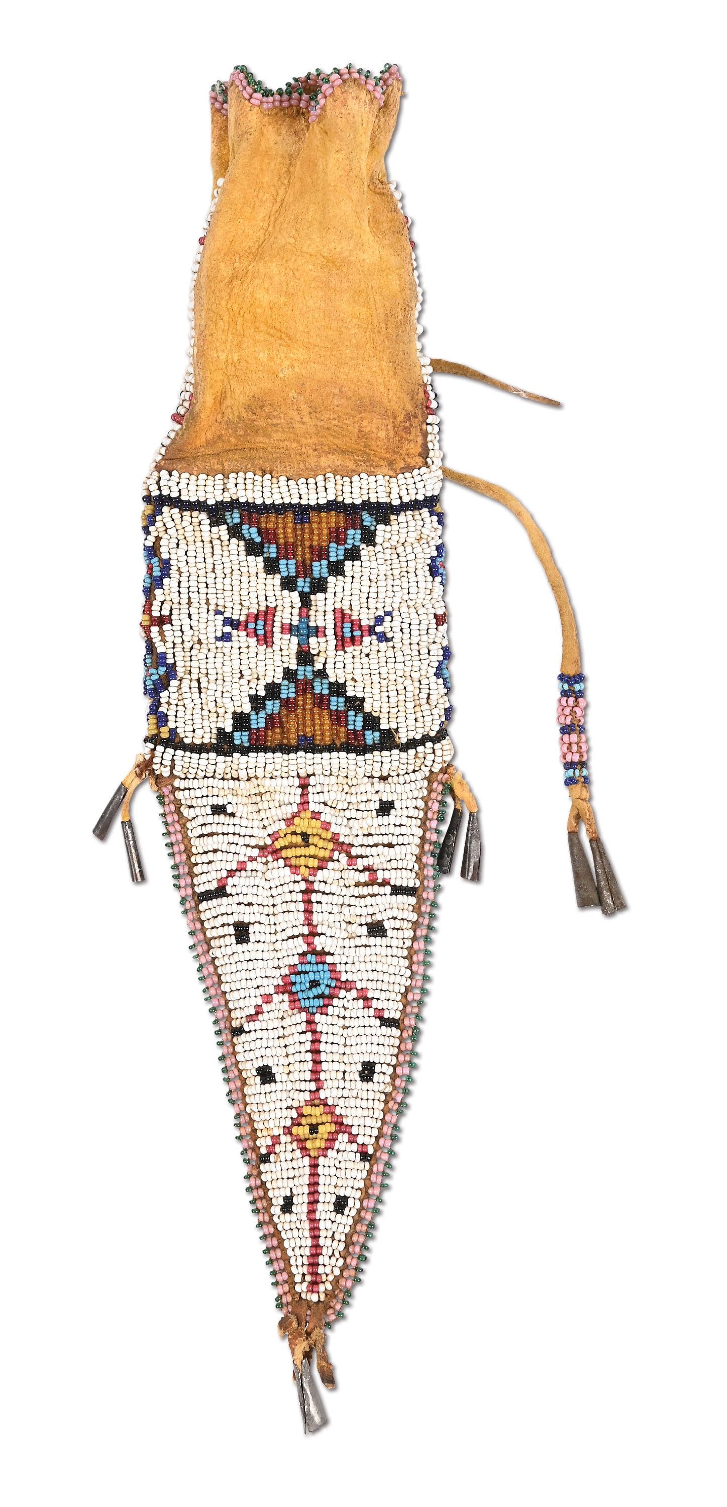 UTE (NÚUCHI) BEADED TAB BAG: Last quarter 19th century. With an overall geometric pattern on the fully-beaded tab and beaded panel above, highlighted with tin cones. Colors: white, light blue, white-center red, yellow, black,