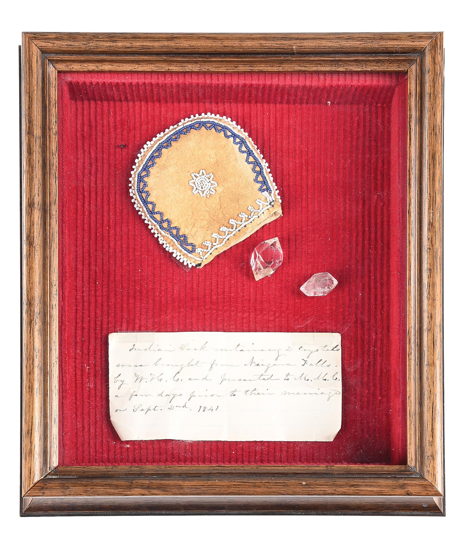 EASTERN INDIGENOUS POUCH: Possibly Six Nation. With a note accompanying, reading "Indian sack containing 2 crystals were brought from Niagara Falls by ---- and presented to ----- a few days prior to their marriage on September