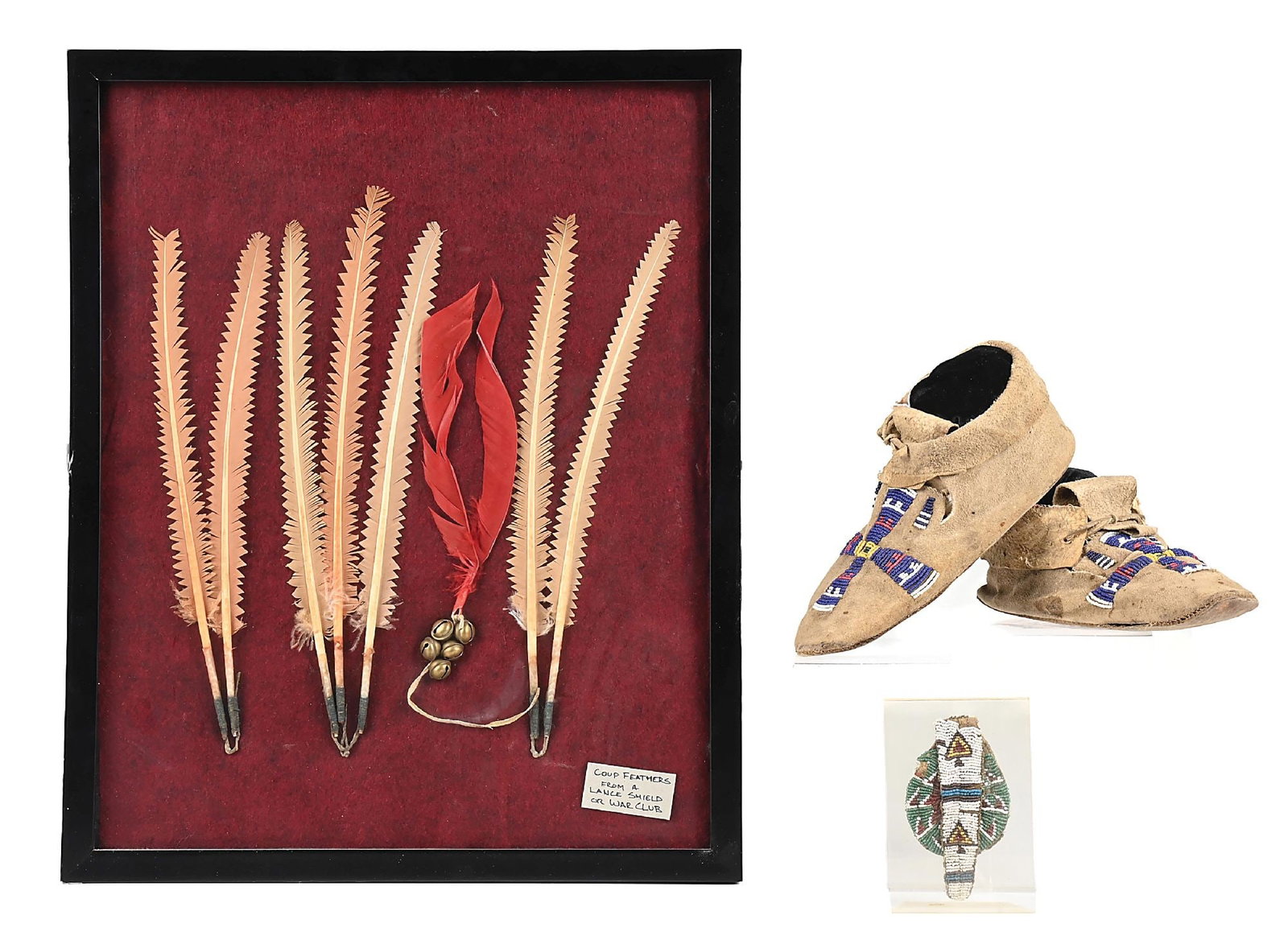 LOT OF 3: NORTHERN PLAINS MOCCASINS, BEADED BAG AND FRAMED FEATHERS: (A) A frame encasing coup feathers that have been cut with zig-zag edges, leather strapping, and a grouping of five bells. Each feather approximately 14-1/2" x 1". (B) An early beaded watch fob and