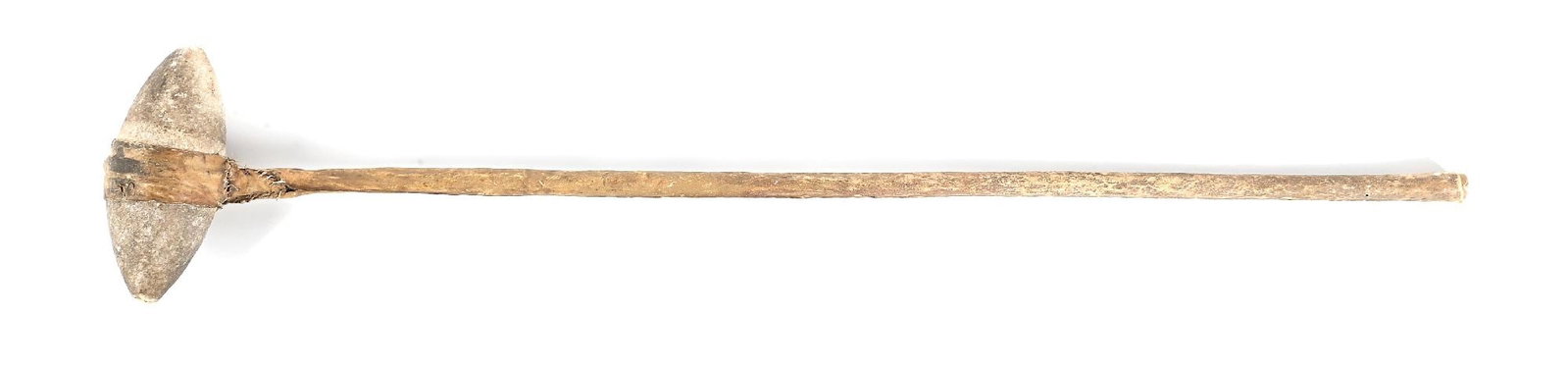 NATIVE AMERICAN WAR CLUB: The stone head made from crystal, pointed on each end, attached with rawhide to a long stem. 34" x 6-1/2" Condition: Both points have chips missing and rawhide stem has been repaired at the