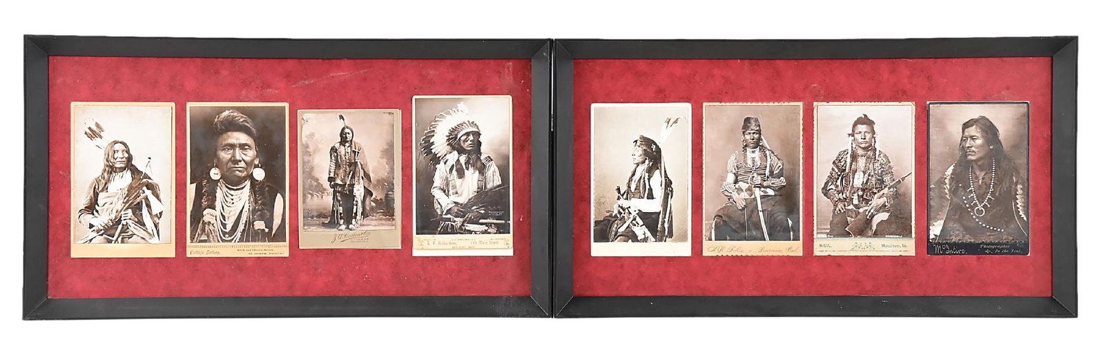 LOT OF 2: EARLY CABINET CARDS OF NATIVE AMERICAN LEADERS: Circa turn of the 20th century. Including Sitting Bull, Chief Joseph, Chief High Horse, Black Eye-Ish-Tah-Sa-Pah, Bear's Rib, Charging Hawk, Bear Shield, and Many Arrows (K'aa Iani). Each card