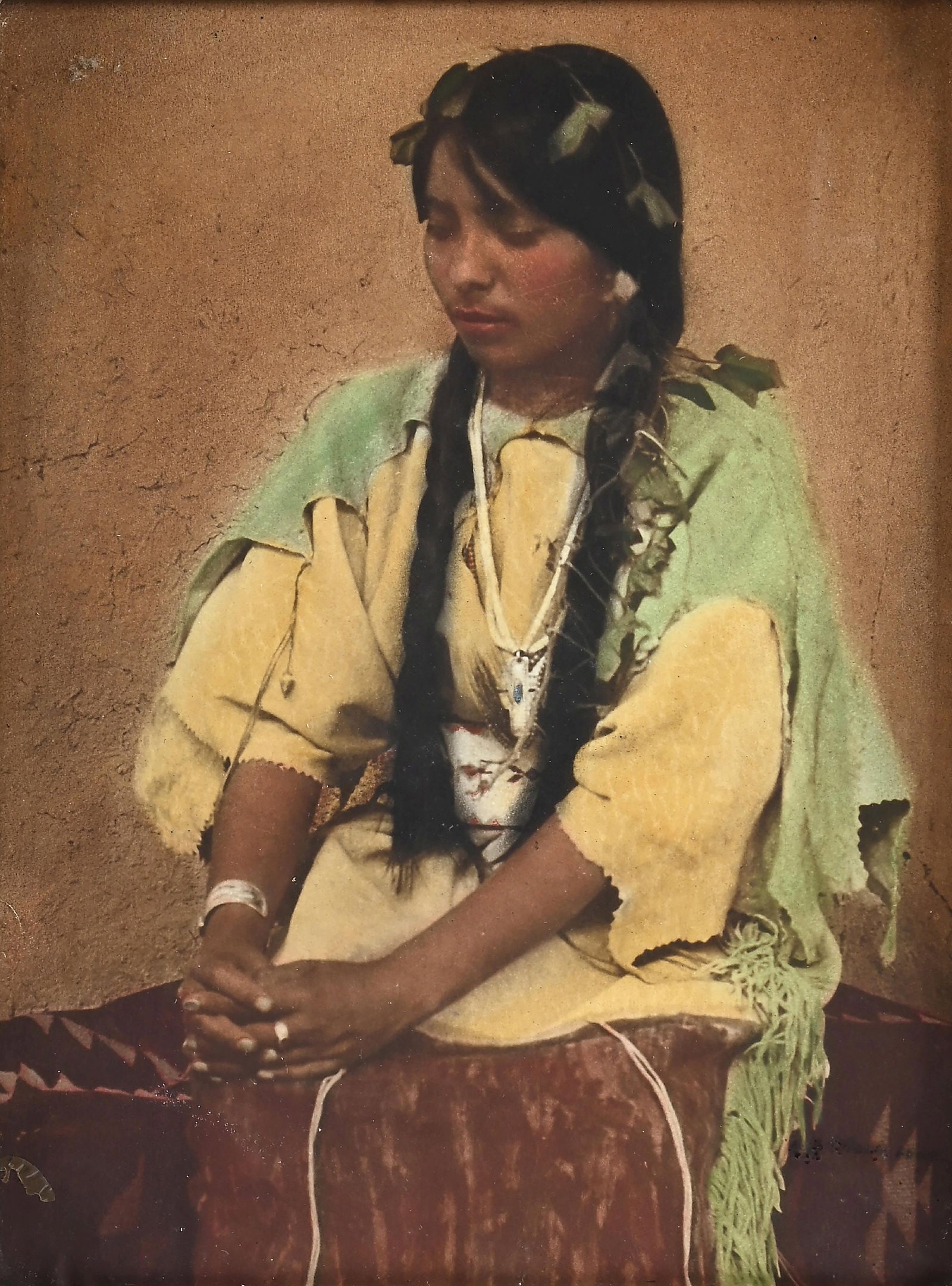CARL MOON (AMERICAN, 1878-1948): Aleida - View #1 tinted color photograph image: 16" x 12" framed: 24-1/4" x 20-1/2" original ornate gold tone wood frame Dimensions: Frame: 24 1/4" x 2 1/2" x 20 1/2".