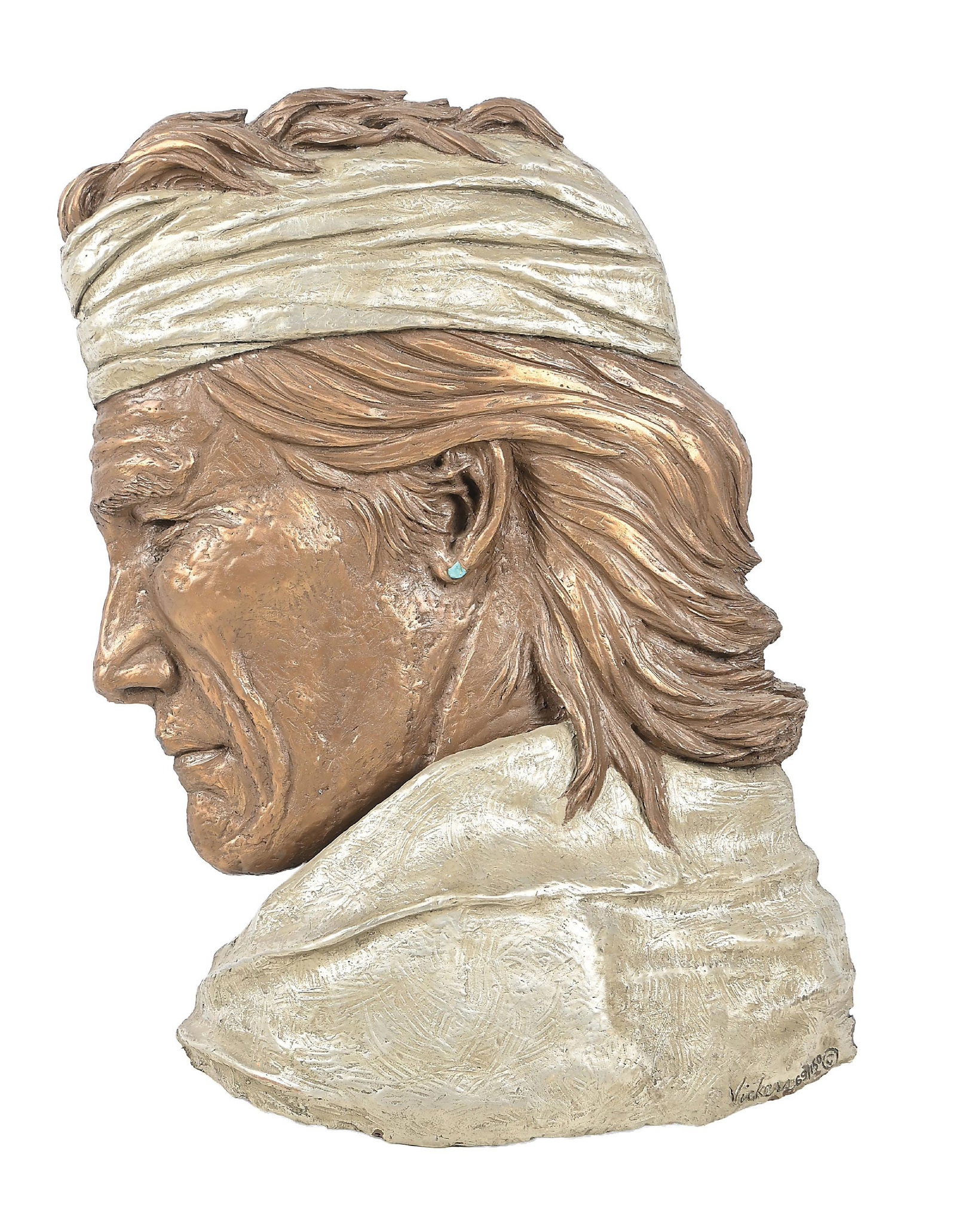 PHILIP VICKERS: matrix sculpture 19" L x 5" W x 27" H numbered 69/150 A cast in matrix sculpture depicting the side profile of a Native American man, highly detailed and patinated, with a turquoise for his earring. D
