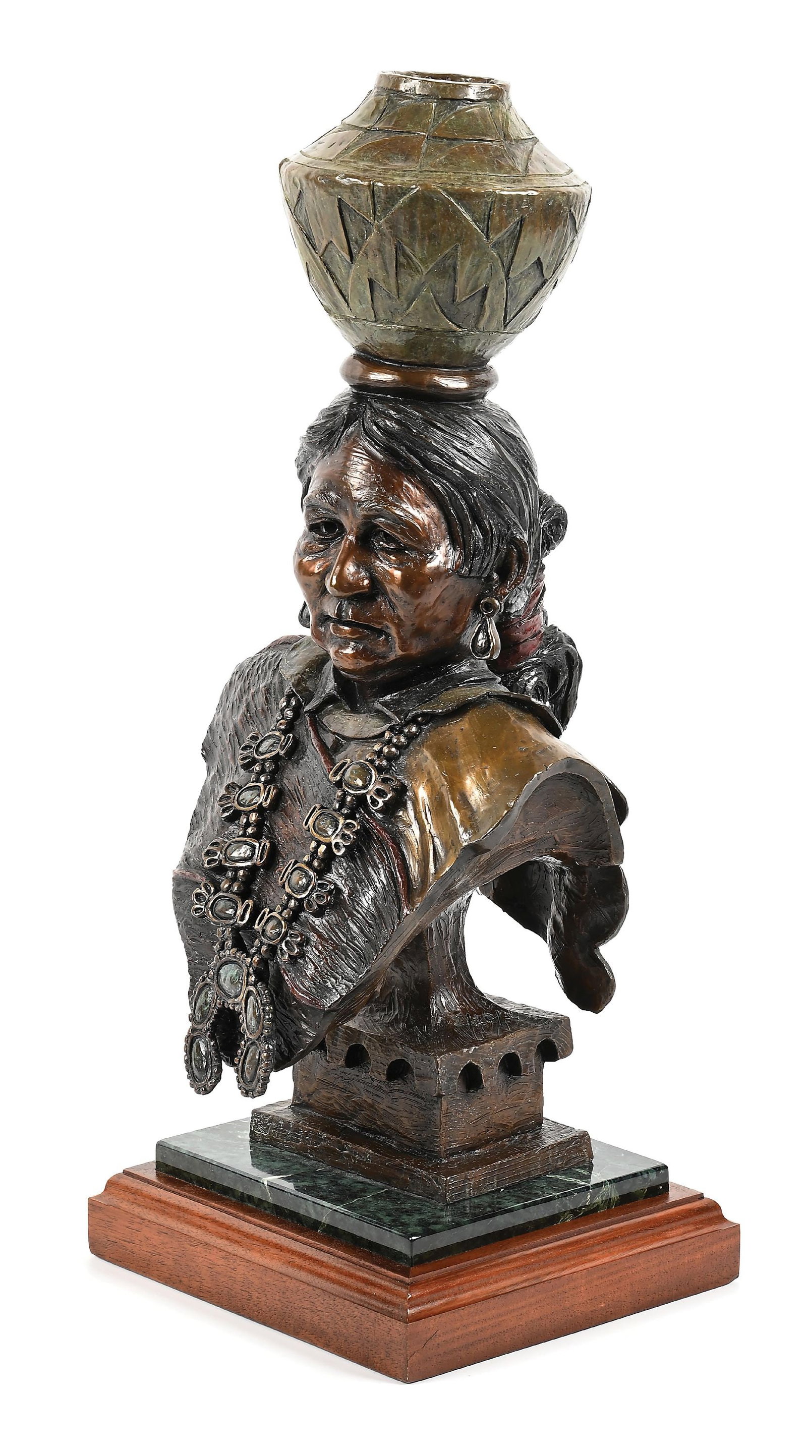 STEVE MYERS (20TH CENTURY): Olla Water Bearer bronze 9-1/2" x 8-1/2" x 20-1/2" H with base: 23" H signed on back, "S Myers" Dimensions: 9 - 1/2" x 8 - 1/2" x 23".