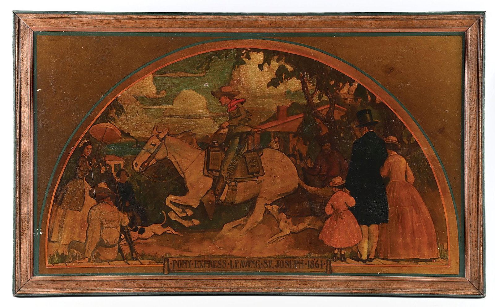 W. HERBERT DUNTON (1878-1936): Pony Express Leaving St. Joseph 1861 oil on board sight: 24-1/4 x 43 in. framed: 28 x 47 in. Signed lower right "Dunton" Painted board is mounted on heavy board and heavily varnished. Noted in Missour