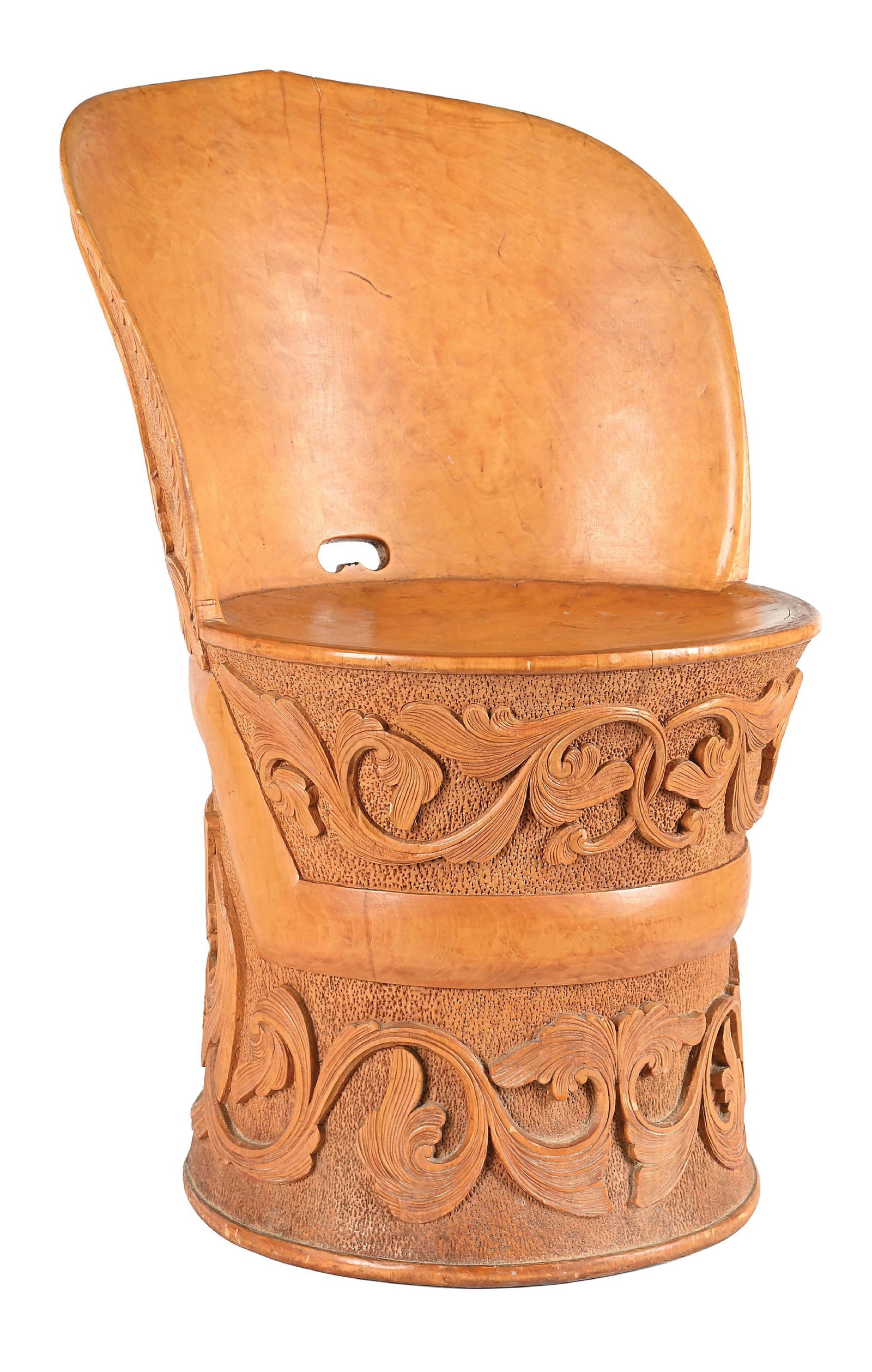 HAND-CARVED WOOD KUBBESTOL CHAIR: Depicting Vikings meeting North American Indians. Signed on base "Made by Torkgel Landeverk 1939. Whalan Minn, USA." Condition: With wood chips missing on the back side and base. This is not a